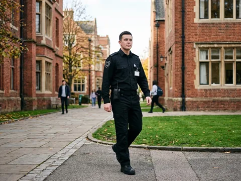 Campus security officer on patrol between university buildings