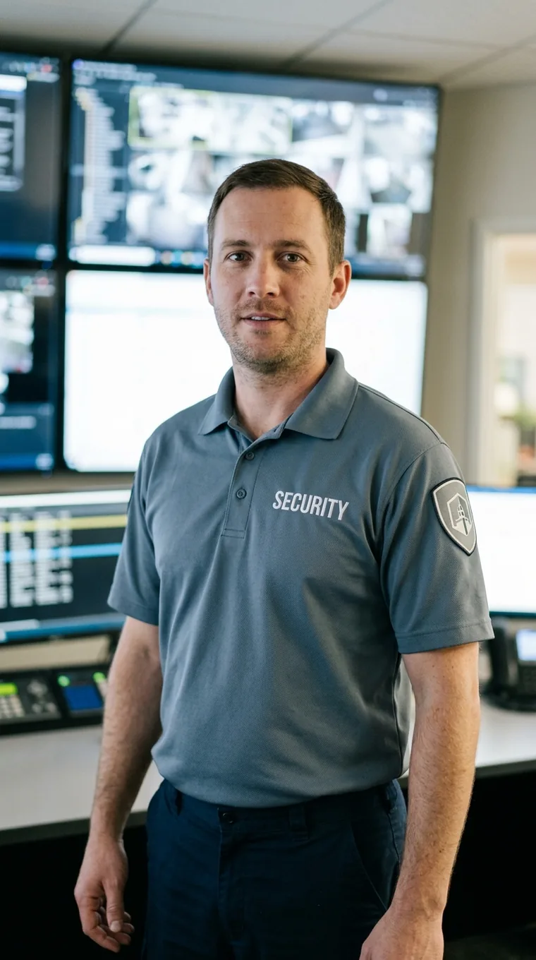 In-house security officer in a slate grey company polo with SECURITY on the chest standing in front of a control room