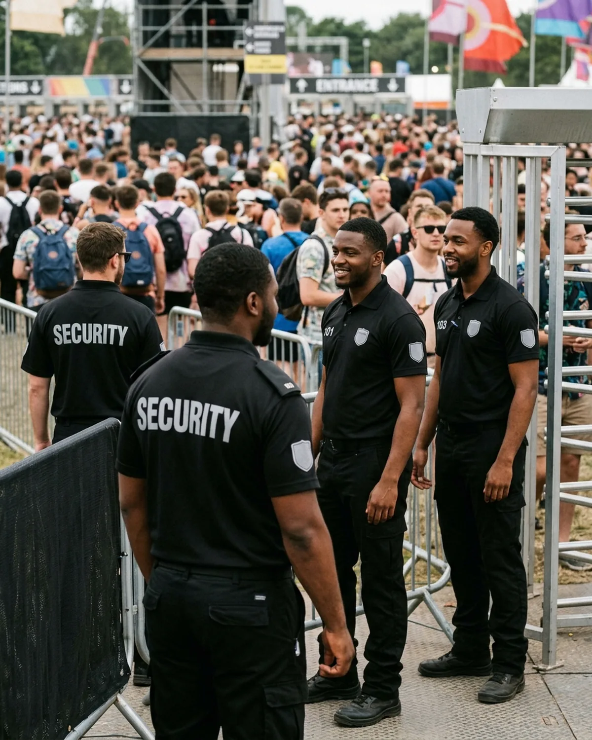 Event security crew in black polos with reflective SECURITY lettering on the back at a festival entrance
