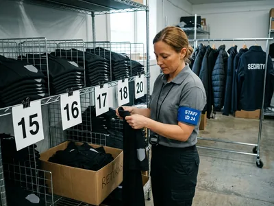 Uniform store with returned polos sorted by crew number while a staff member counts them