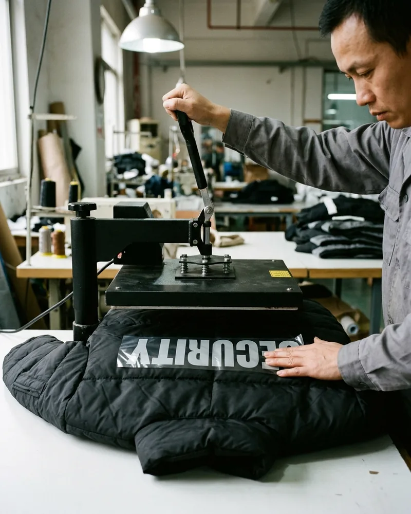 Reflective SECURITY lettering being pressed across the back of an insulated jacket