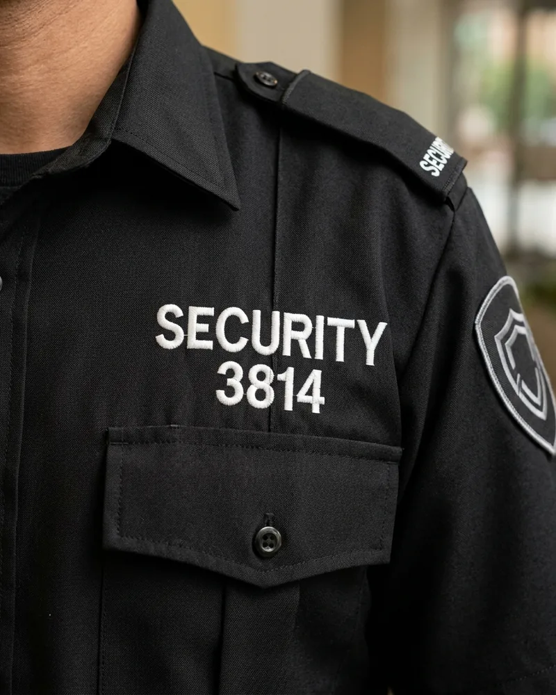 Macro of SECURITY lettering and an officer number embroidered on a shirt chest