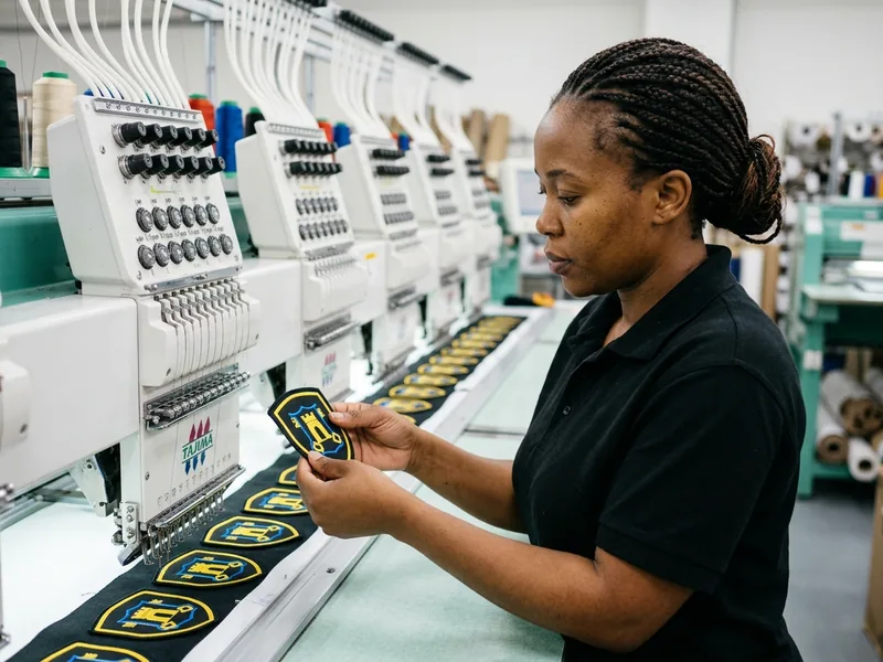 Operator checking the first shoulder patch off a multi-head embroidery machine