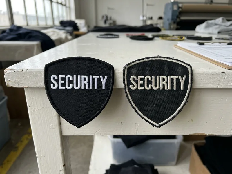 Two shoulder patches side by side before and after wash testing on a white bench