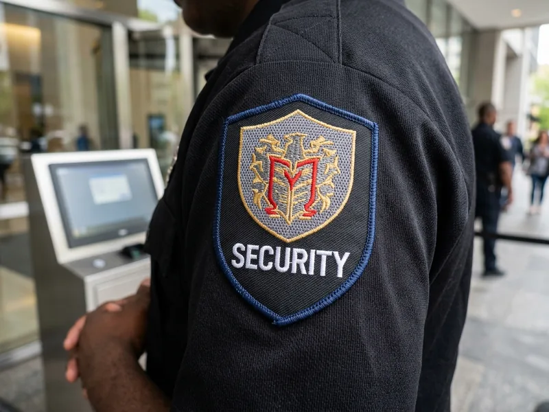 Macro of a woven shield-shaped shoulder patch with a merrowed edge and SECURITY lettering