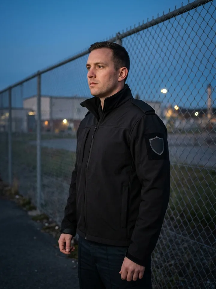 Security officer in a softshell jacket with a wordless shoulder patch beside a perimeter fence at dusk