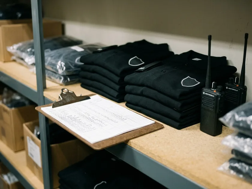 Event uniform store with a clipboard issue sheet beside folded crew polos
