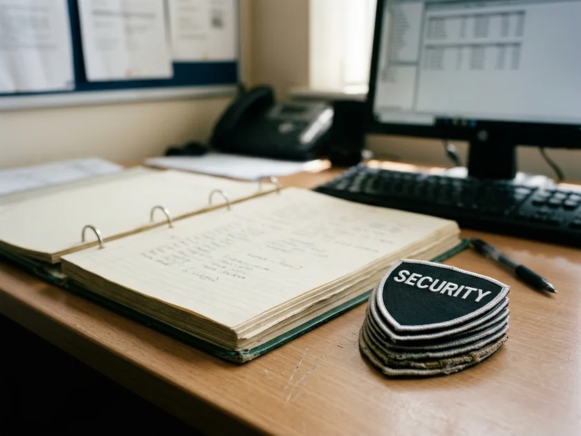 Patch ledger binder open on a desk beside a stack of shoulder patches