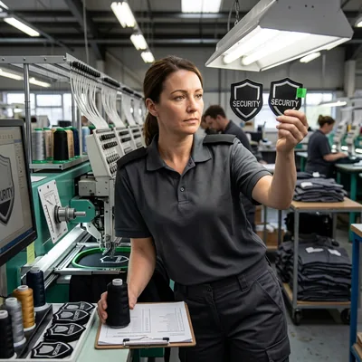 Line QC comparing a first-piece patch with the approved sample beside an embroidery machine