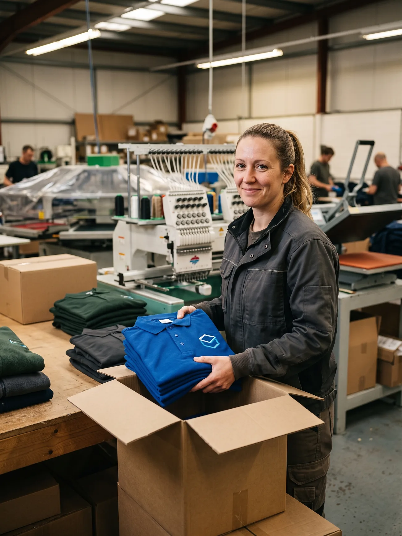 A decoration-room operator packing a stack of polos with embroidered chest logos into a carton