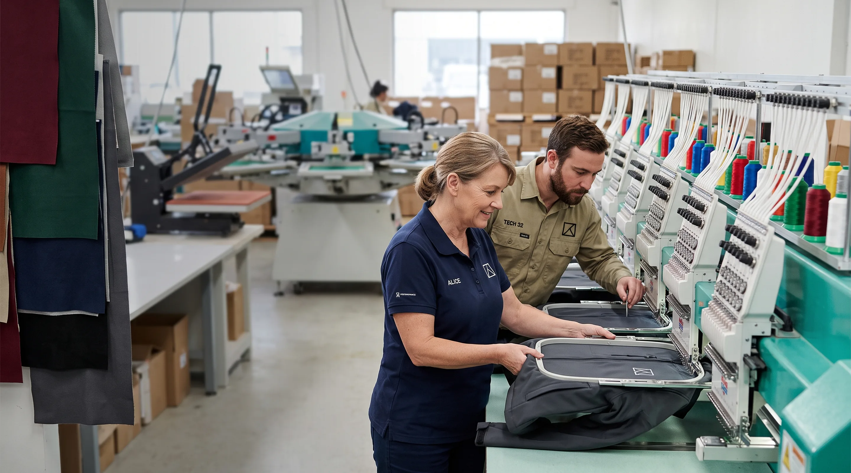 Decoration room in a uniform factory: a row of multi-head embroidery machines with thread cones above, and two operators hooping and checking logos