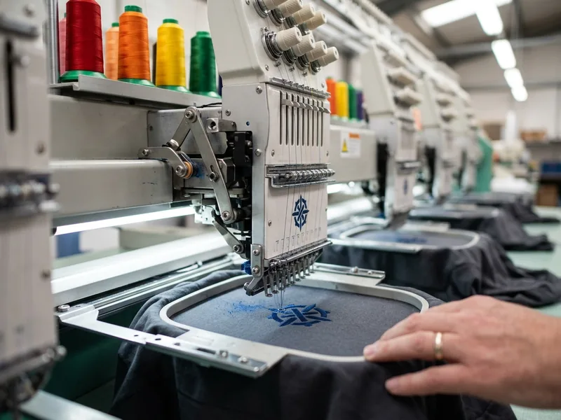 An embroidery head stitching a chest logo, thread colours on the cones above