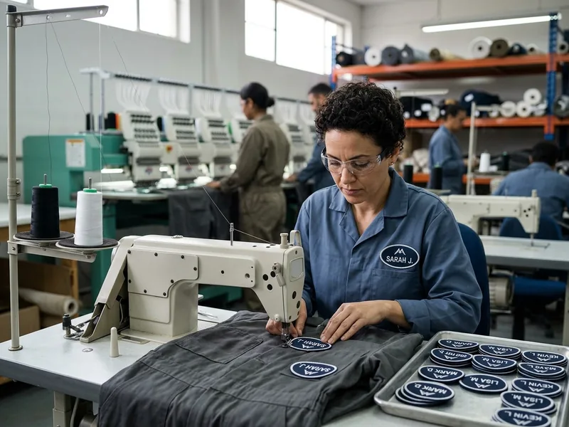 Embroidered oval name patches being sewn onto a coverall