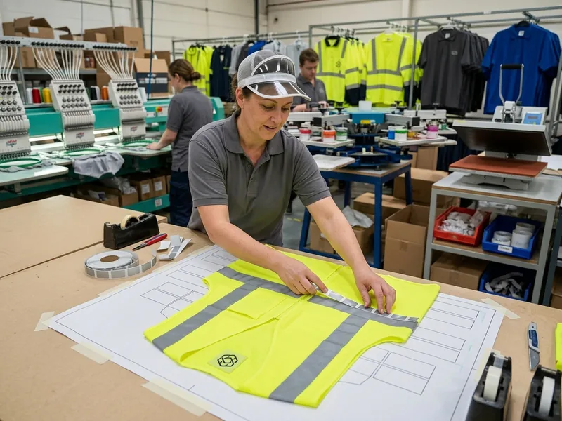 Segmented reflective tape being placed on a vest with a placement guide