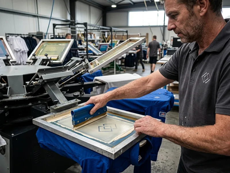 A squeegee pulling ink across a screen on the back of a work shirt