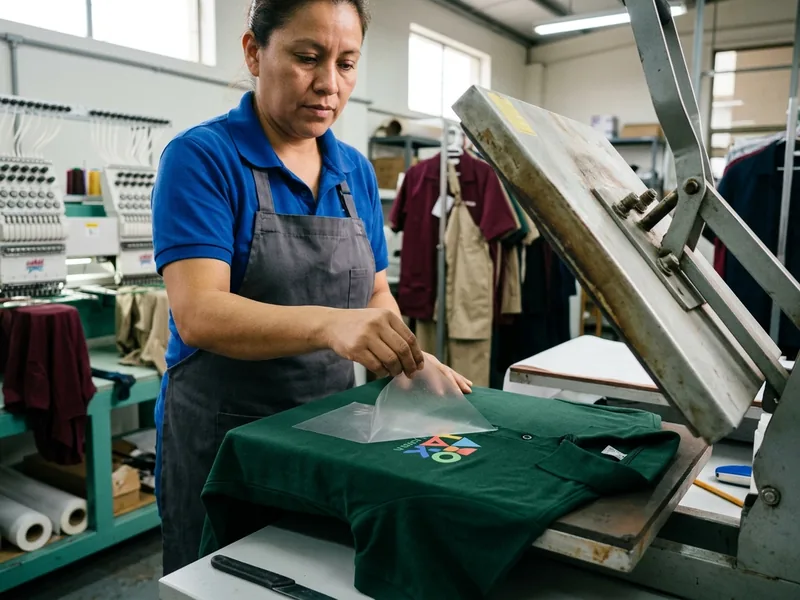 An operator peeling the carrier sheet off a pressed transfer