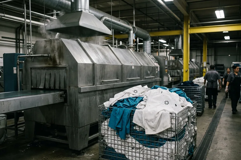 An industrial laundry tunnel washer with a trolley of chef coats and scrubs waiting to go in