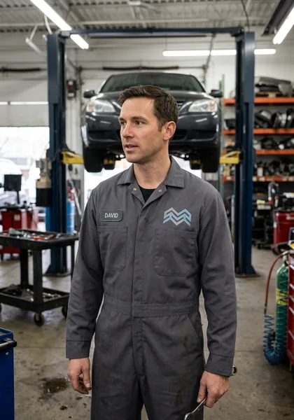 A technician in a coverall with an oval name patch in a workshop