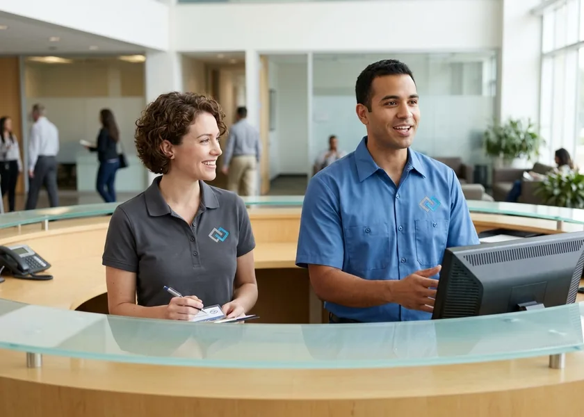 Front-desk staff in polos and shirts with an embroidered chest logo