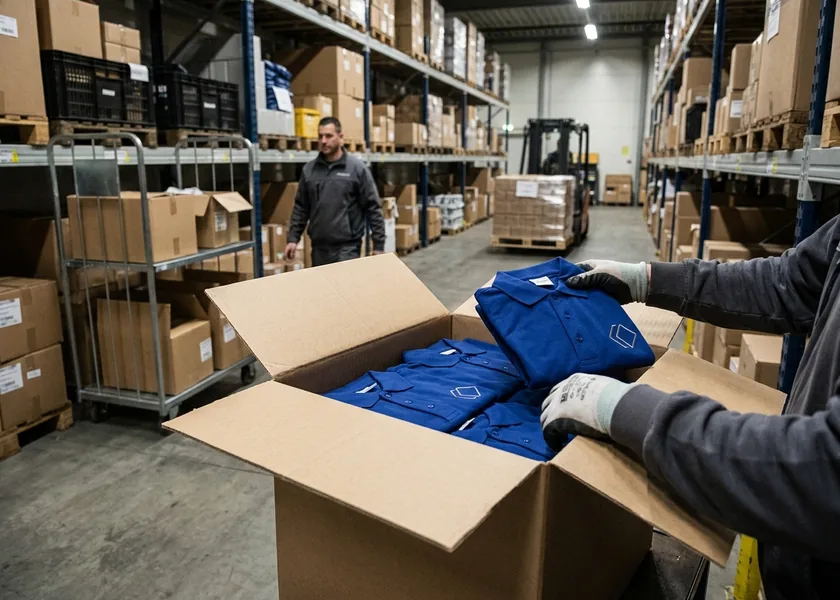 A distributor opening a carton of polos carrying an end customer's logo