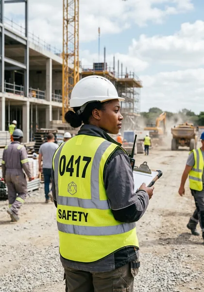 A site safety officer in a hi-vis vest with an ID number on the back