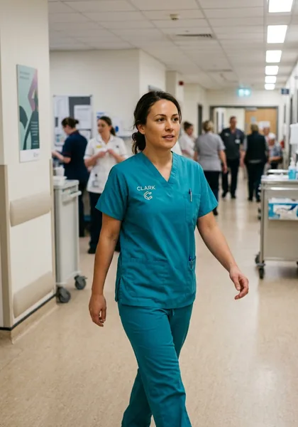A nurse in embroidered scrubs walking down a ward corridor
