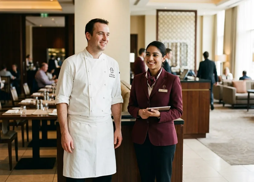 A chef in a white coat with an embroidered name beside a hotel front-desk colleague