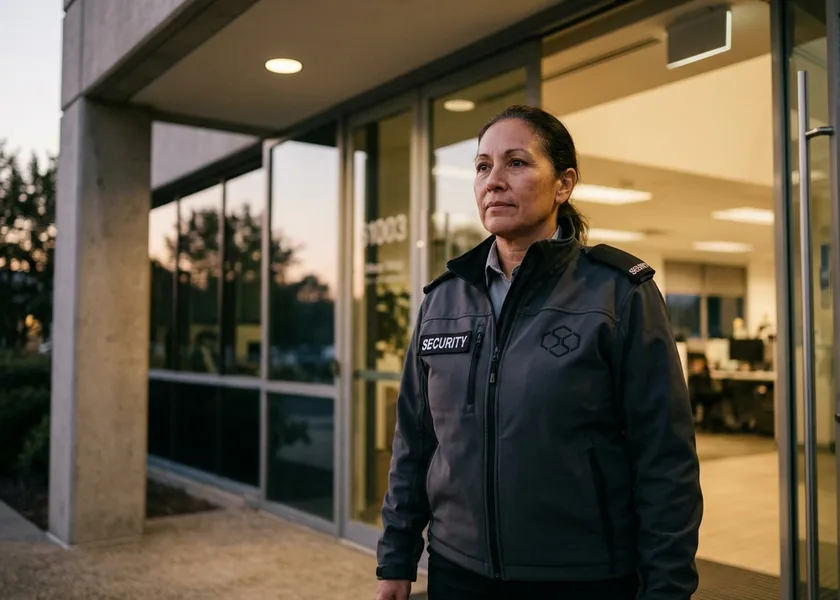 A security officer at an entrance with shoulder patches and chest lettering
