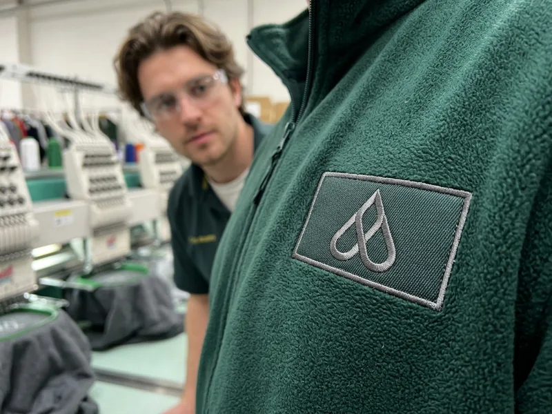 An embroidered patch sewn onto the chest of a fleece jacket, pile left uncrushed