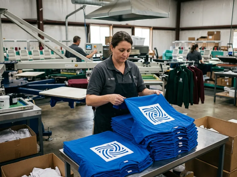 A stack of freshly screen-printed back logos coming off a carousel line