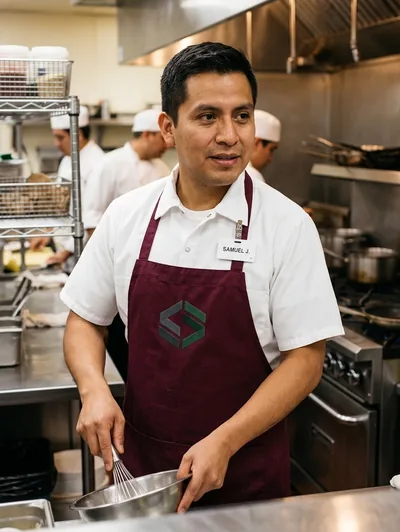 An employee in a bib apron with the same logo on the bib