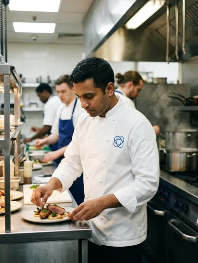 A chef in a white coat with the same logo embroidered on the chest