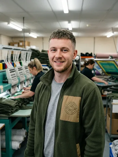An employee in a fleece jacket with the same logo on a sewn patch