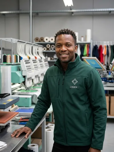 An employee in a softshell jacket with the same logo as a transfer on the chest