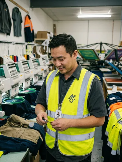 An employee in a fluorescent hi-vis vest with the same logo on the chest
