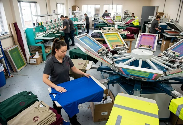 An automatic carousel screen-print line with an operator loading a shirt