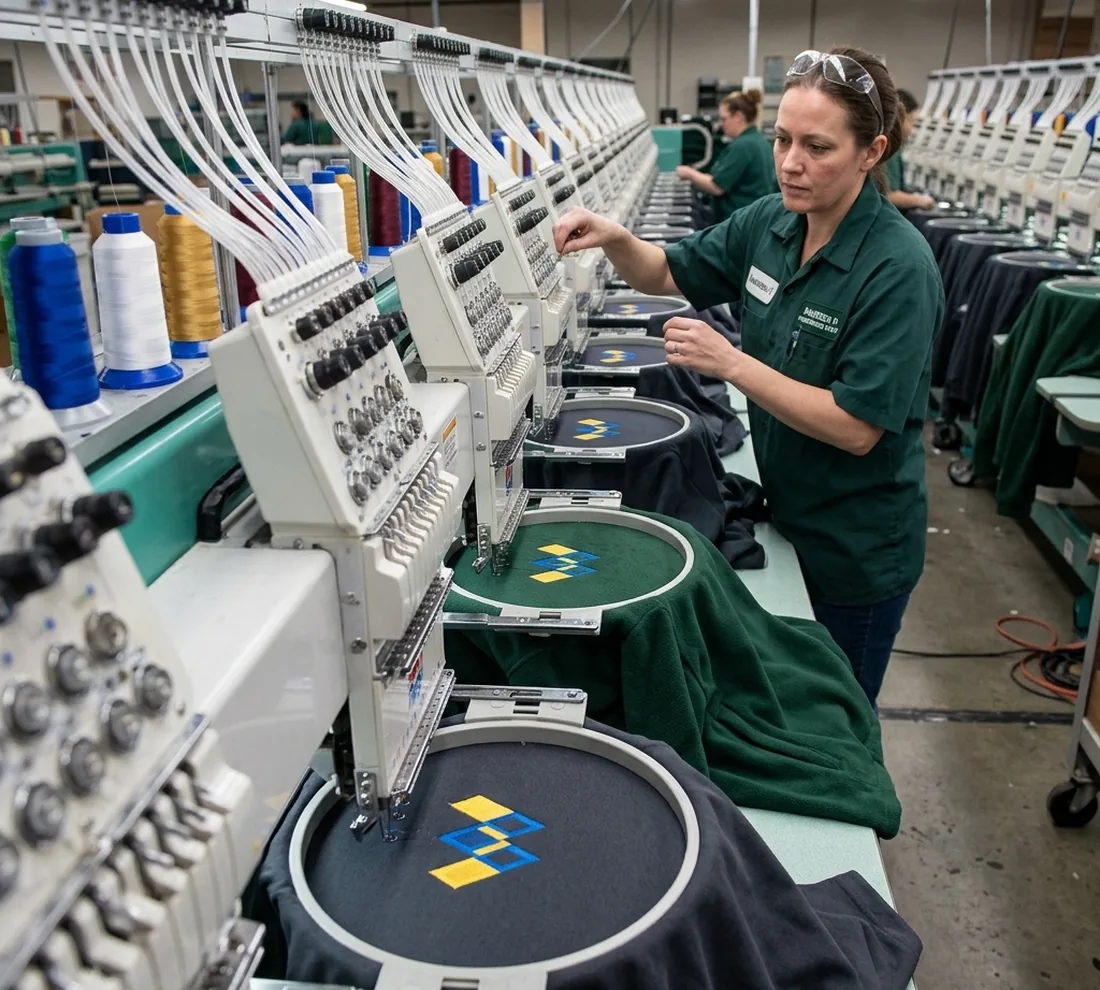 A row of multi-head embroidery machines with hooped chest panels and thread cones