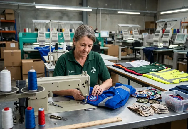 A workbench of embroidered patches and woven labels being sewn on