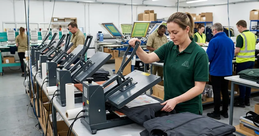 A row of heat presses with an operator pressing a transfer