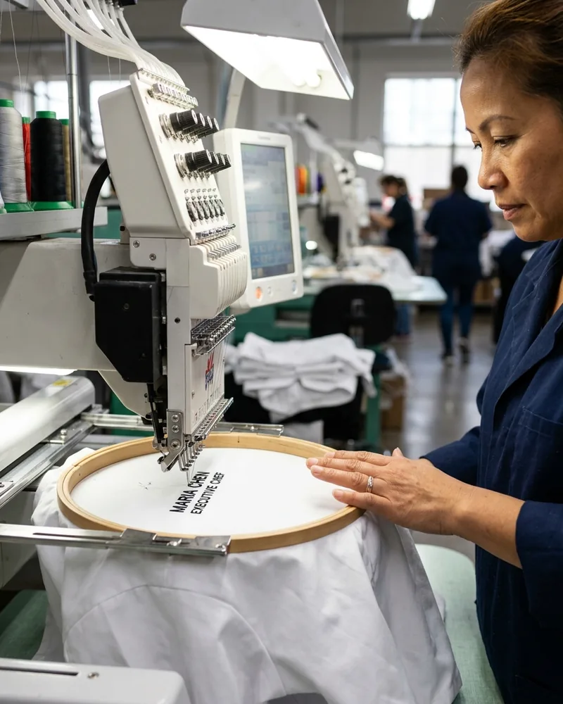 An embroidery machine stitching a name and title on two lines on a white chef coat front