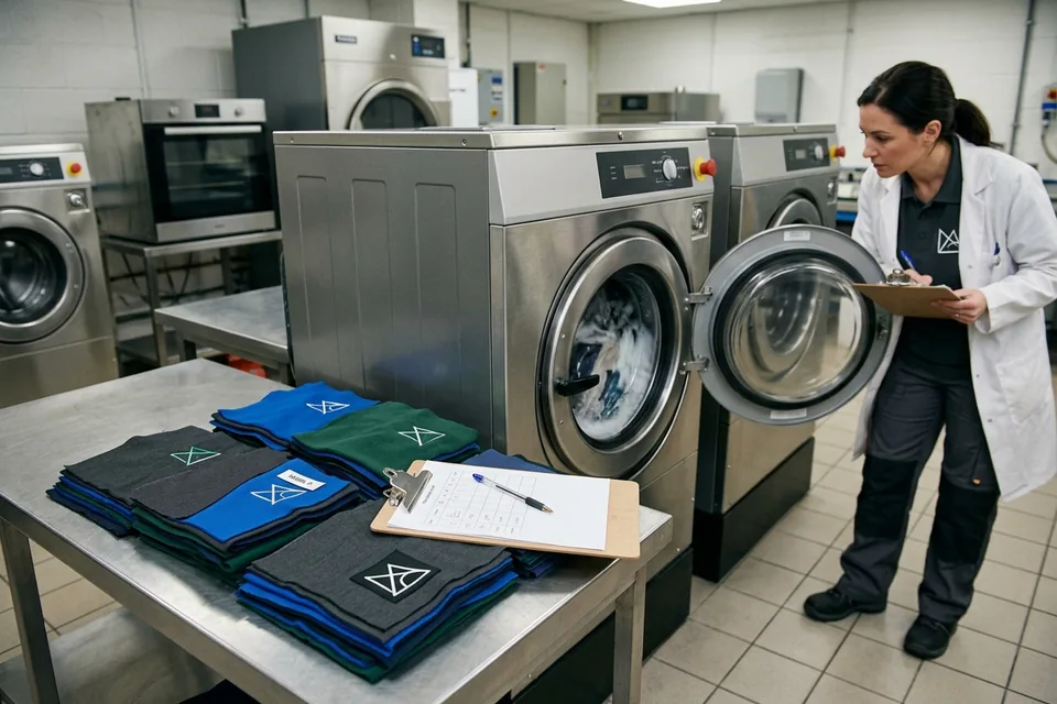 Test washing machines with a stack of fabric swatches carrying logo samples and a clipboard
