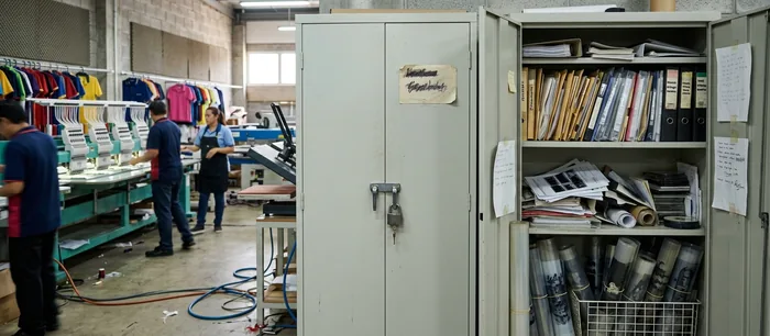 A locked cabinet of labelled program folders holding digitizing files and screen film, labels unreadable