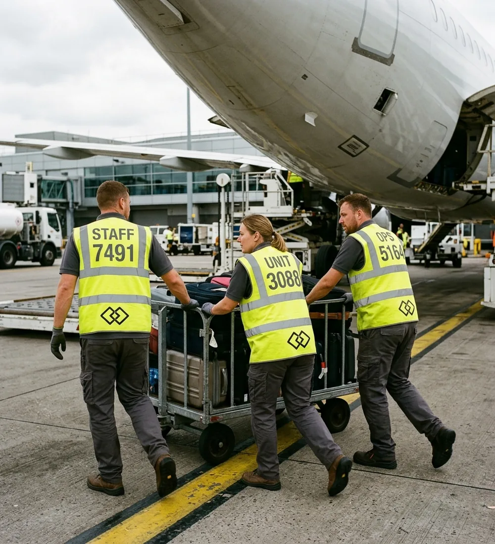 Airport ground staff in polos and Class 2 hi-vis vests pushing a baggage cart on the apron