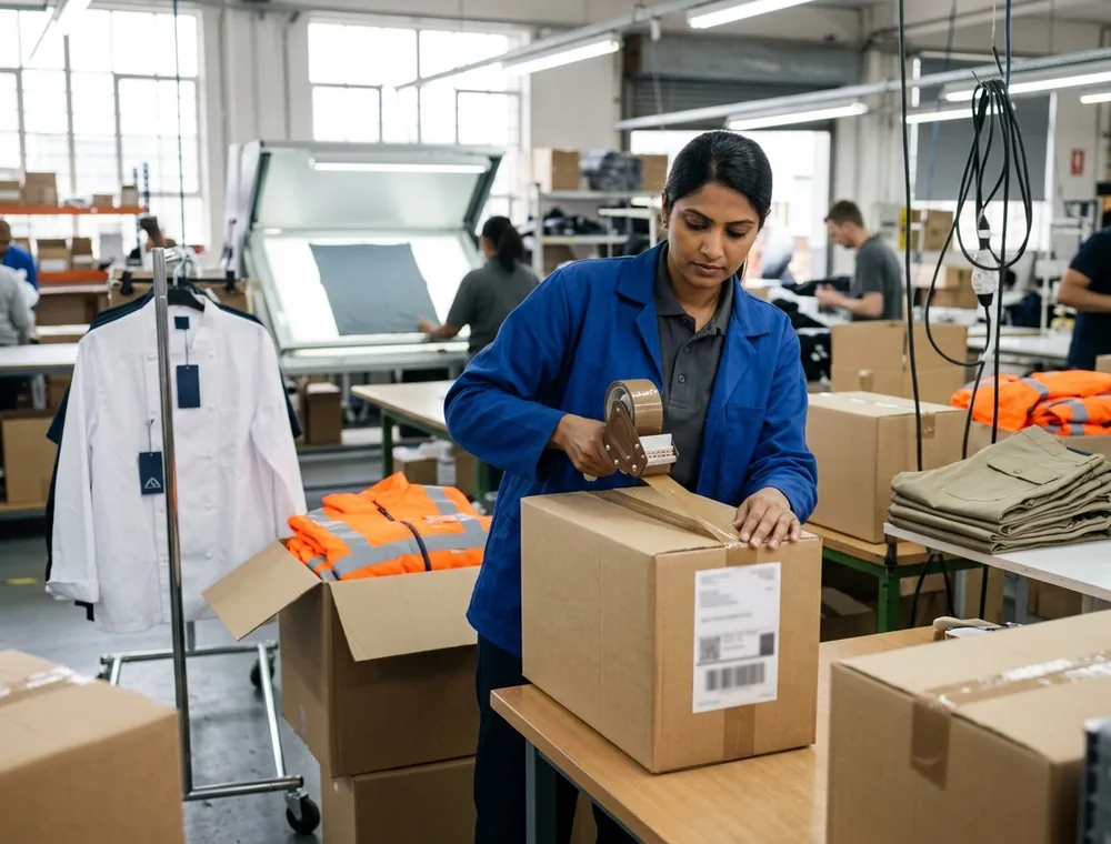 A packer sealing a carton after final inspection, carton label facing out