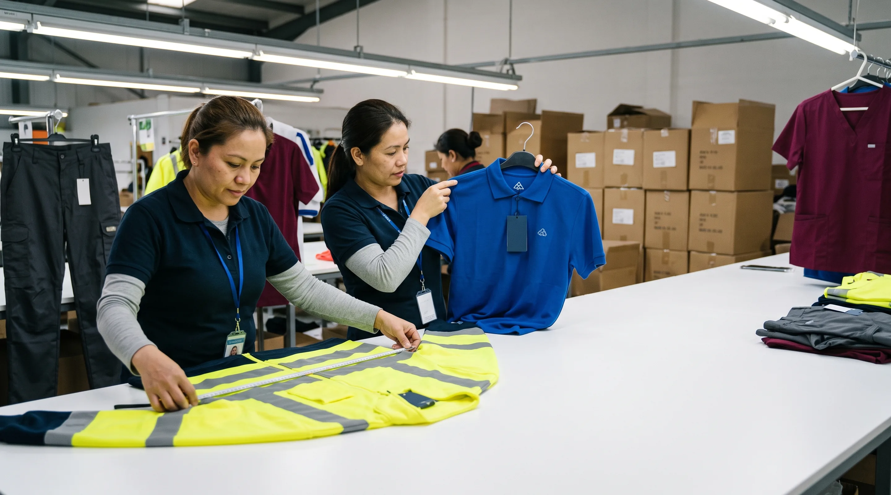 Final inspection room in a uniform factory: one inspector measures a hi-vis jacket laid flat while another compares a polo with the approved sample on a hanger