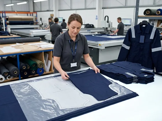 Cutting-room QC laying cut panels against the paper pattern