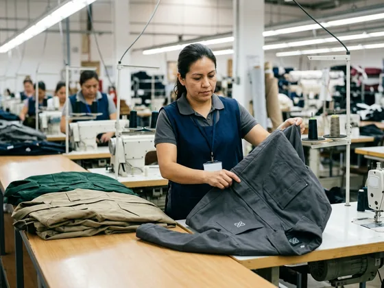An end-of-line checker turning over a finished work jacket