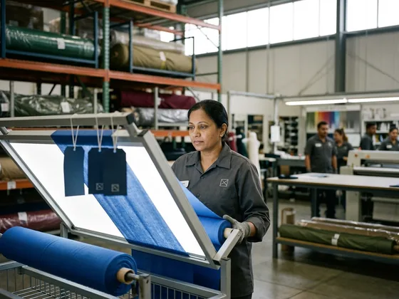 An incoming inspector running a fabric roll over a lit inspection frame