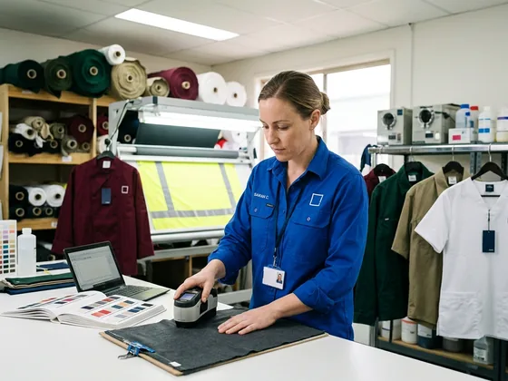 A colour lab technician pressing a spectrophotometer onto fabric
