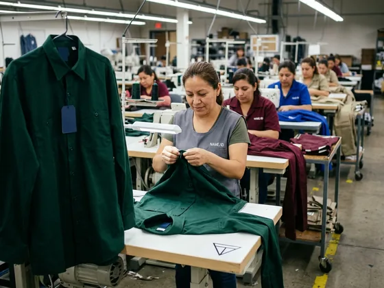 Line QC checking a freshly sewn garment beside a sewing line